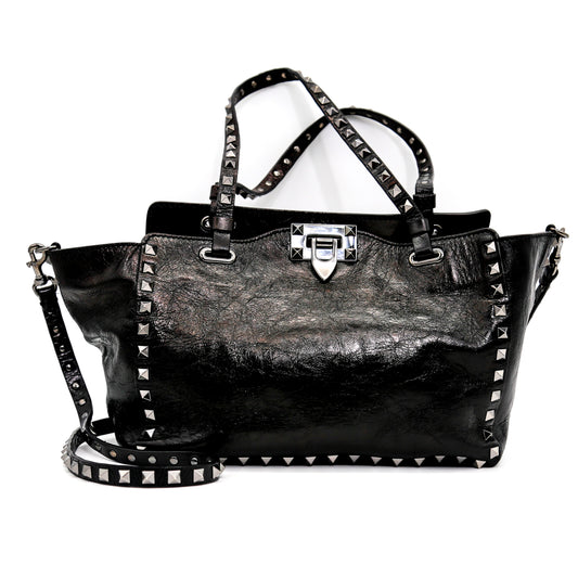 Valentino Garavani Noir Rockstud Leather Handbag In Black Vitello Grain Deep Denim