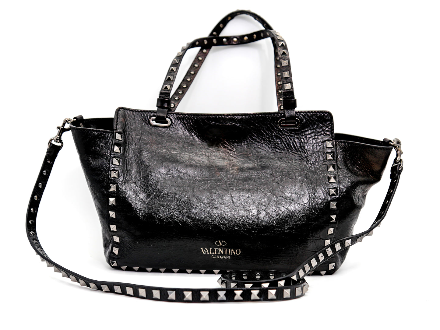 Valentino Garavani Noir Rockstud Leather Handbag In Black Vitello Grain Deep Denim