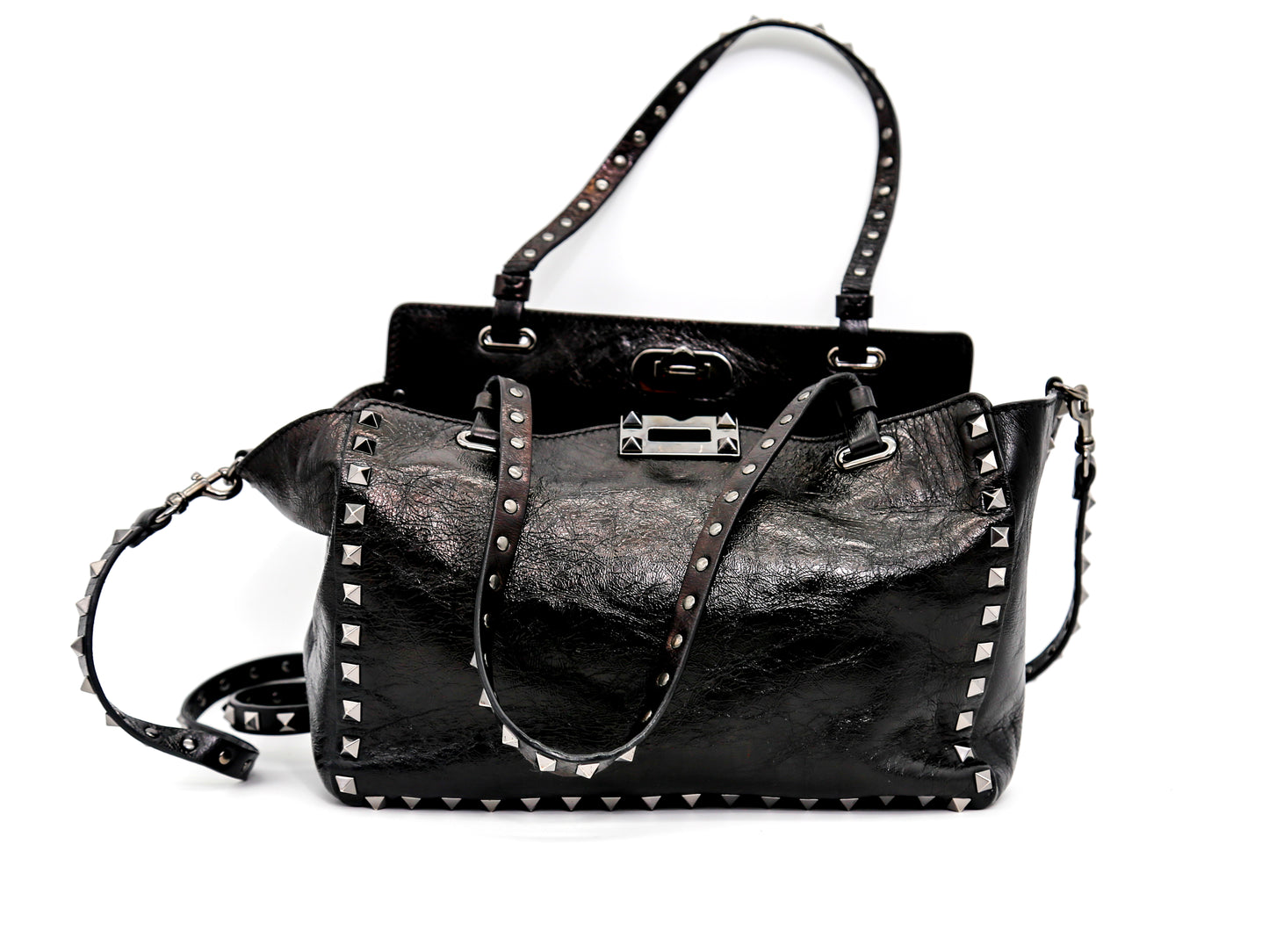 Valentino Garavani Noir Rockstud Leather Handbag In Black Vitello Grain Deep Denim