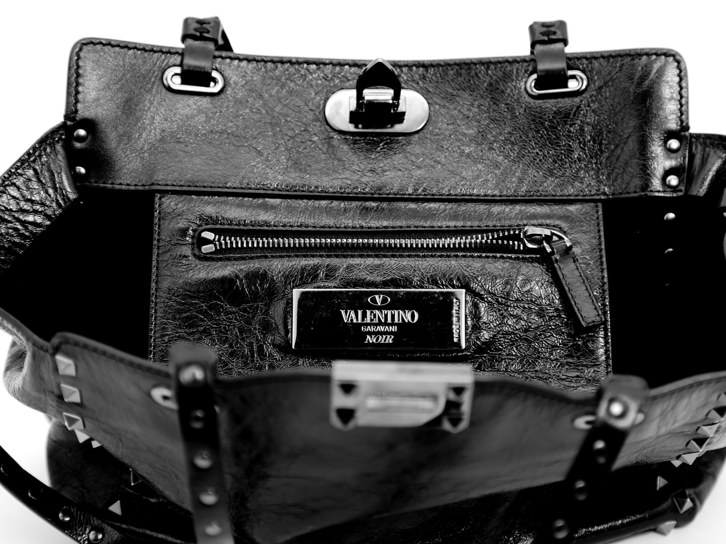 Valentino Garavani Noir Rockstud Leather Handbag In Black Vitello Grain Deep Denim