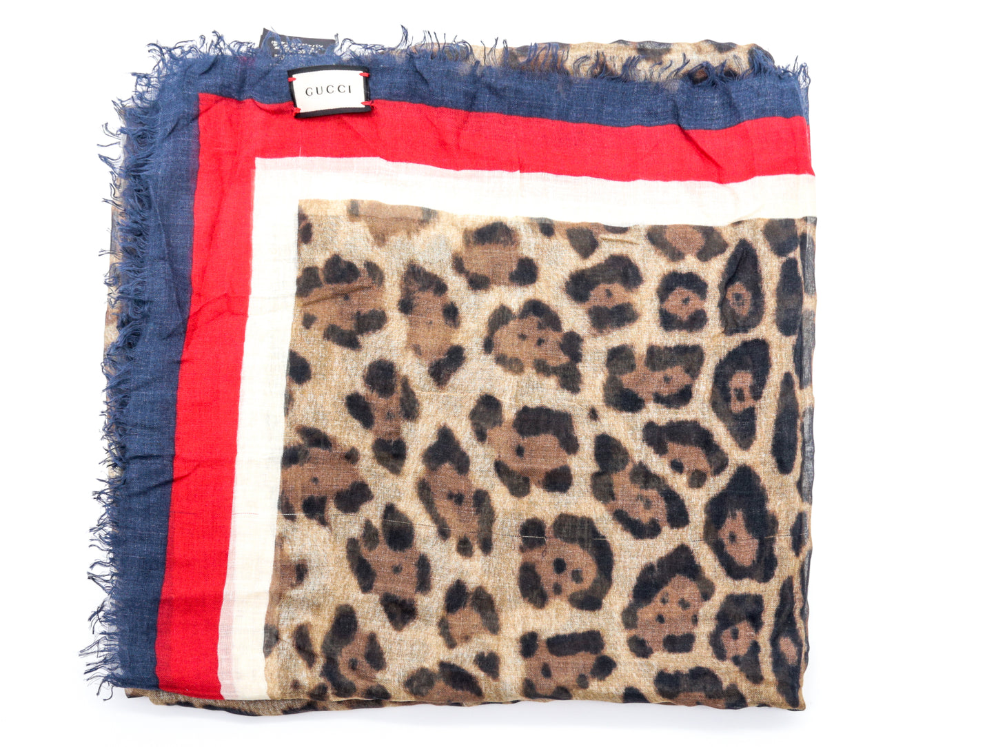 Gucci Fringed Leopard Print Silk Scarf