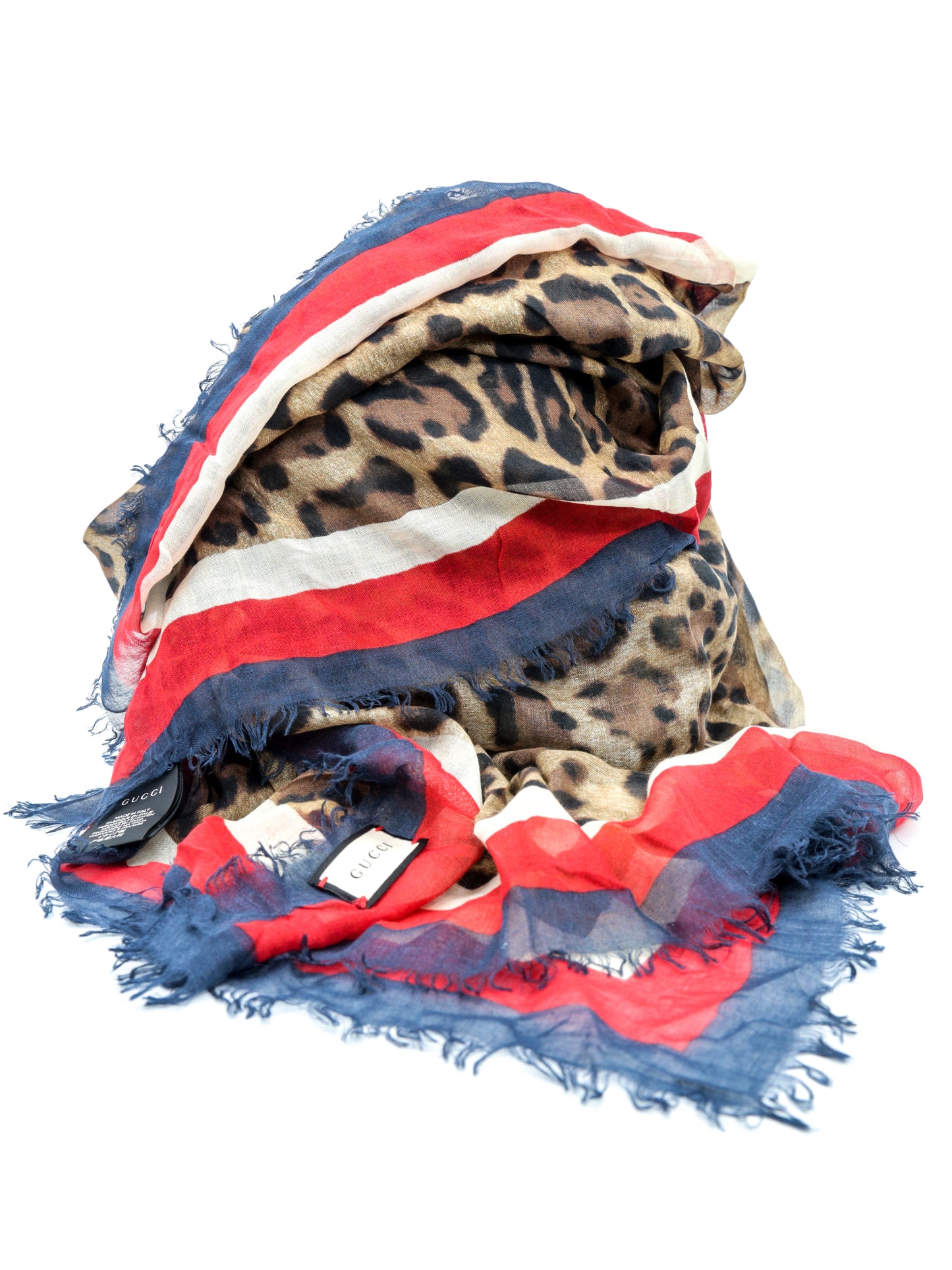 Gucci Fringed Leopard Print Silk Scarf