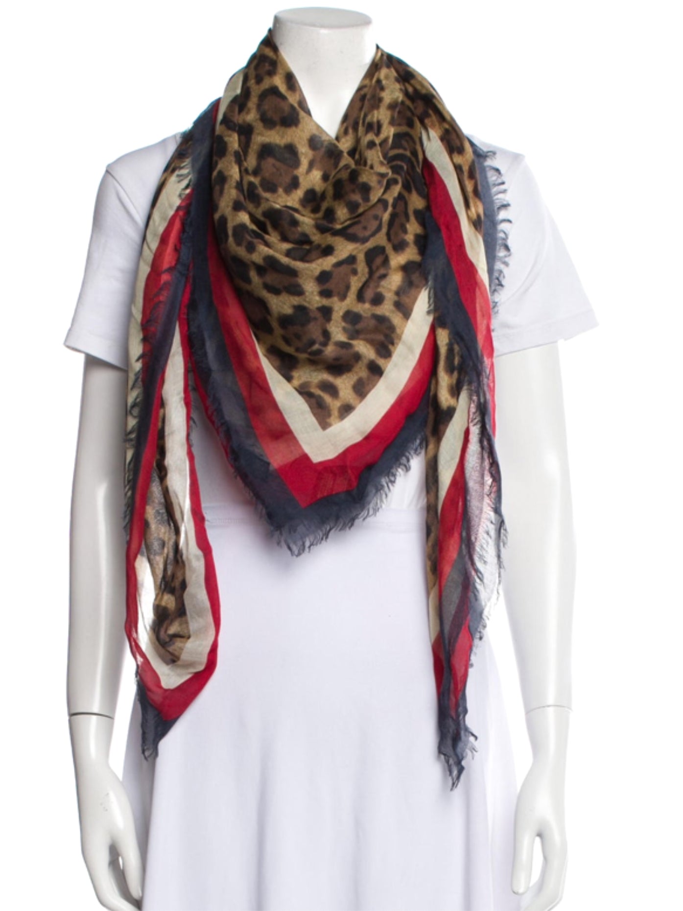 Gucci Fringed Leopard Print Silk Scarf