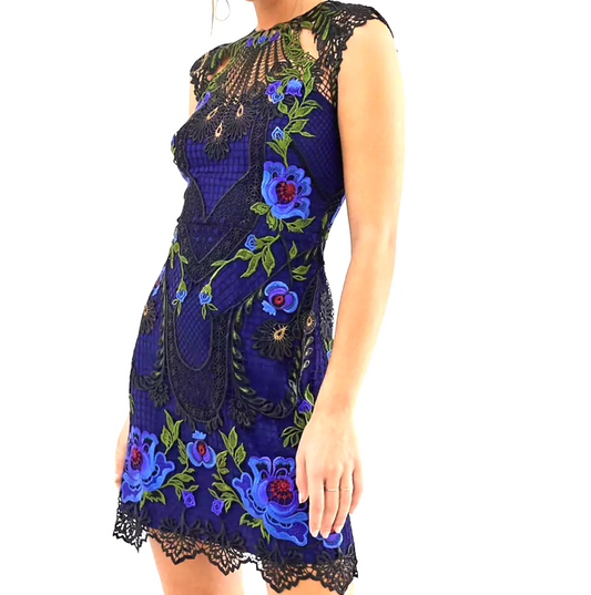 Karen Millen Royal Blue Black Lace Embroidered Cap Sleeve Dress