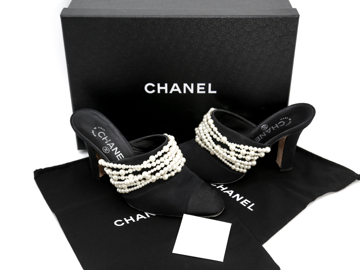 Chanel Satin Cap Toe CC Pearl Mules