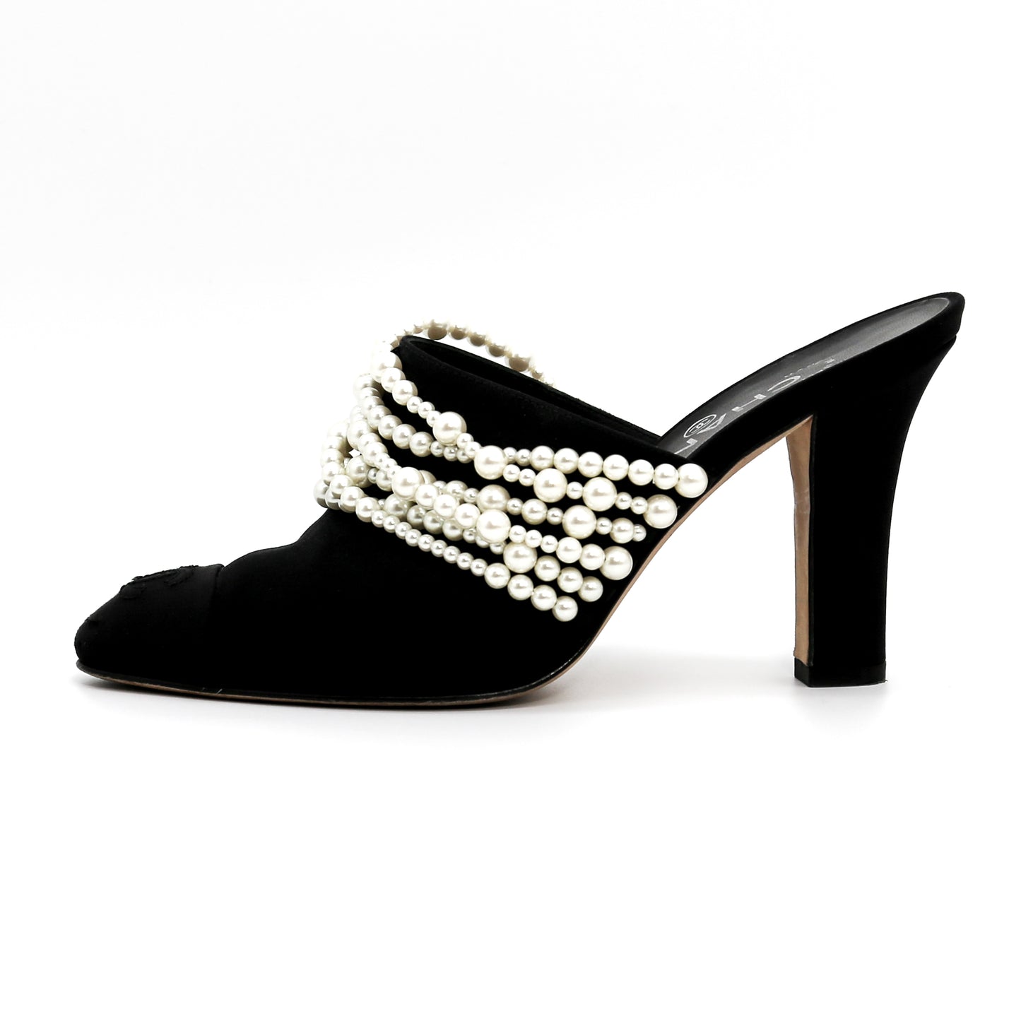 Chanel Satin Cap Toe CC Pearl Mules