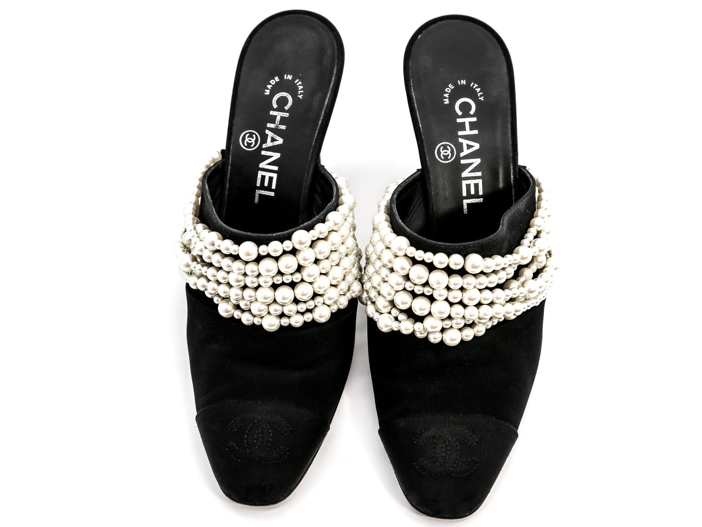 Chanel Satin Cap Toe CC Pearl Mules