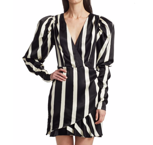 ROTATE BIRGER CHRISTENSEN Aiken Puff-Sleeve Stripe Wrap Dress