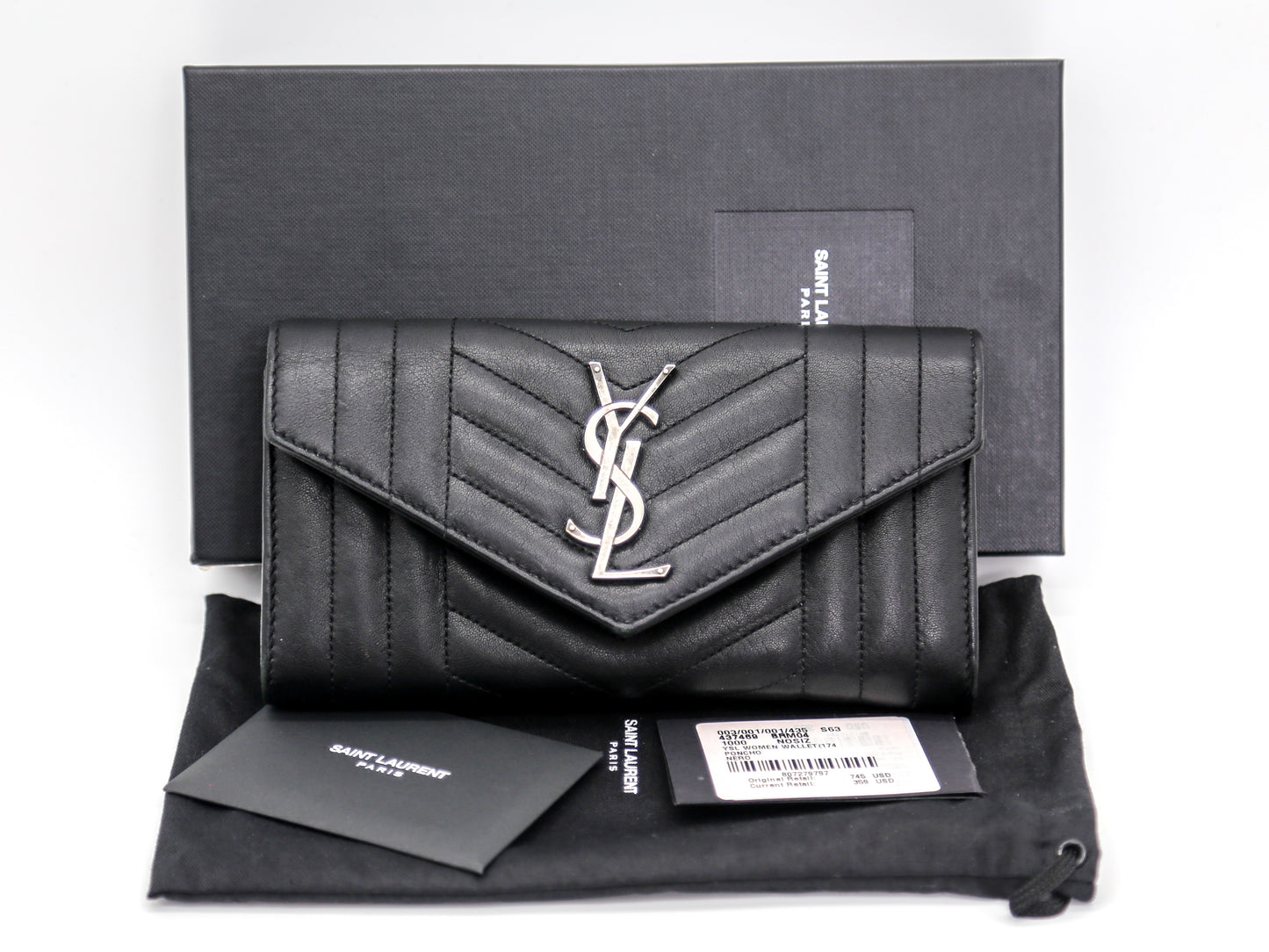 Saint Laurent Lambskin Mixed Matelasse Quilted Large Monogram Envelope Wallet Black