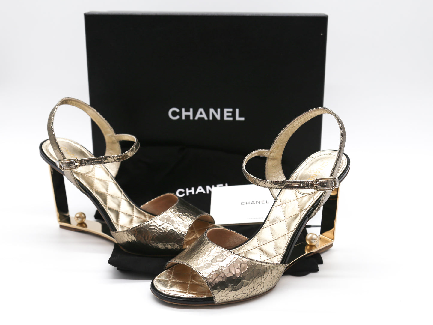 CHANEL Metallic Crackled Calfskin Pearl CC Wedge Sandals