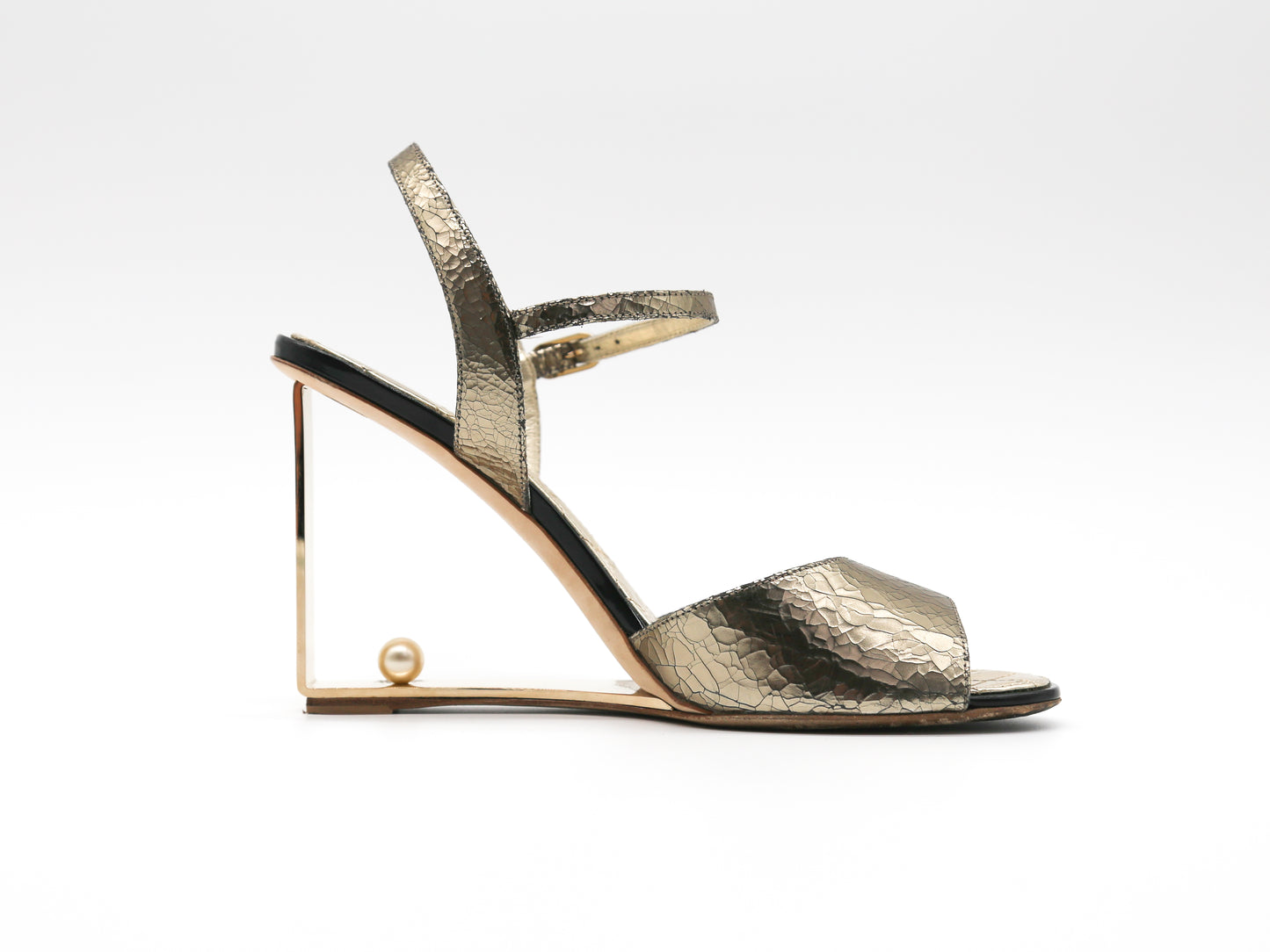 CHANEL Metallic Crackled Calfskin Pearl CC Wedge Sandals