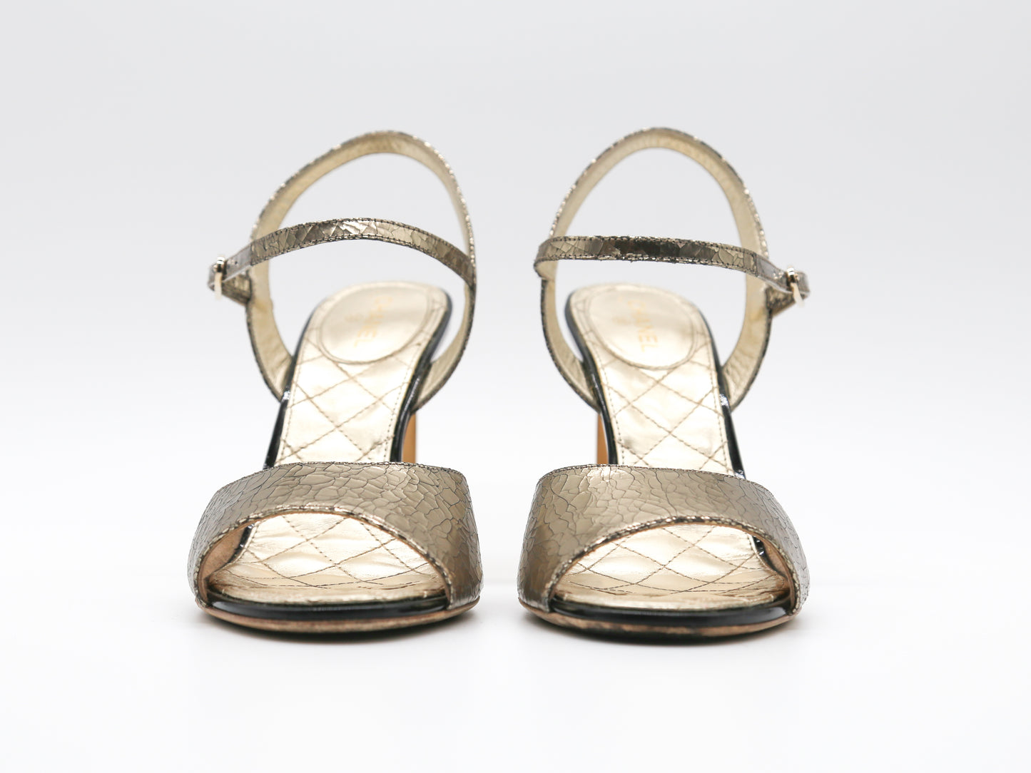 CHANEL Metallic Crackled Calfskin Pearl CC Wedge Sandals