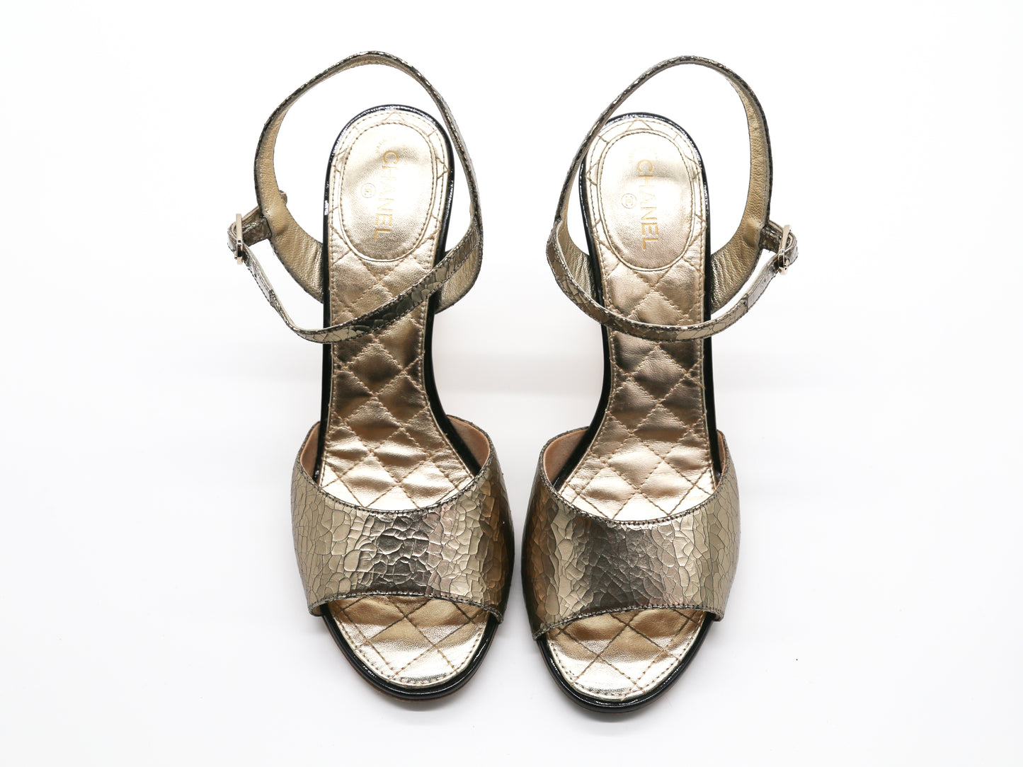 CHANEL Metallic Crackled Calfskin Pearl CC Wedge Sandals