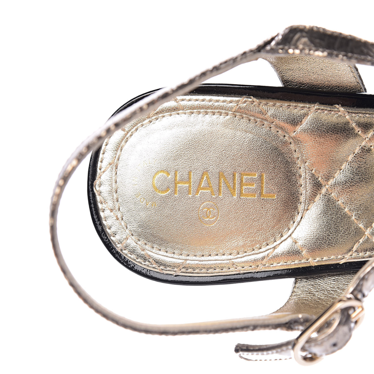 CHANEL Metallic Crackled Calfskin Pearl CC Wedge Sandals