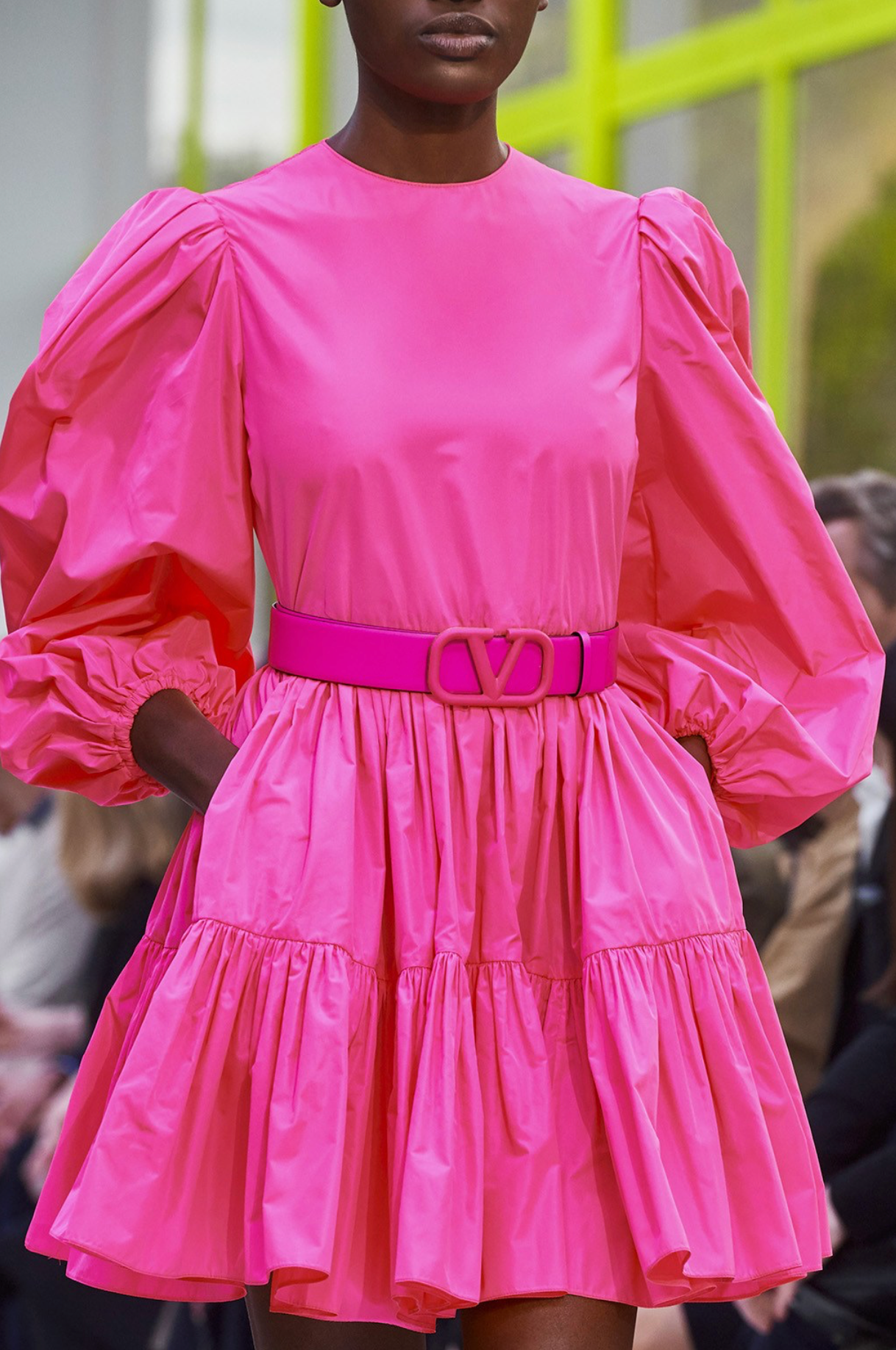 Valentino Runway Gathered Neon Satin Mini Dress