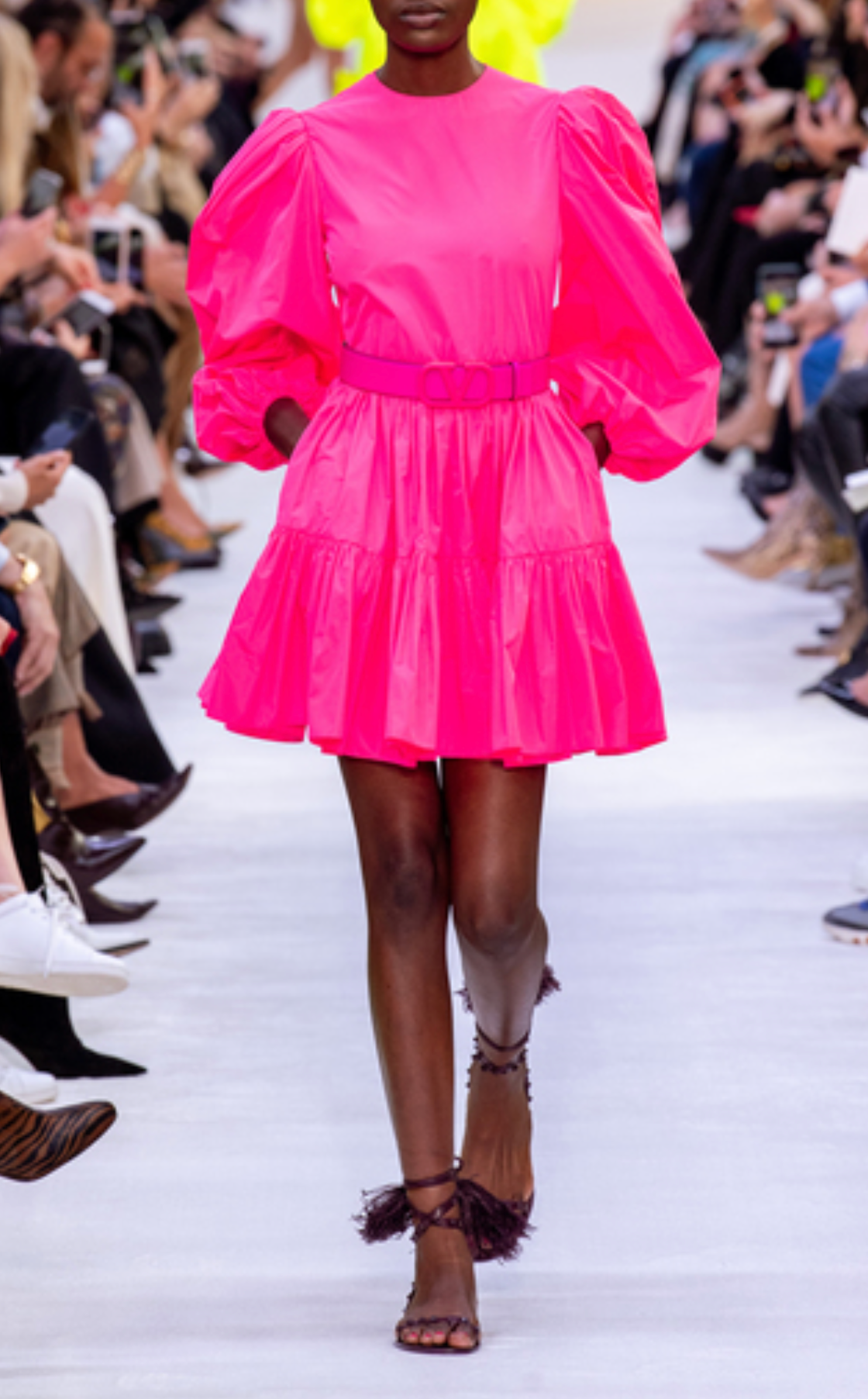 Valentino Runway Gathered Neon Satin Mini Dress