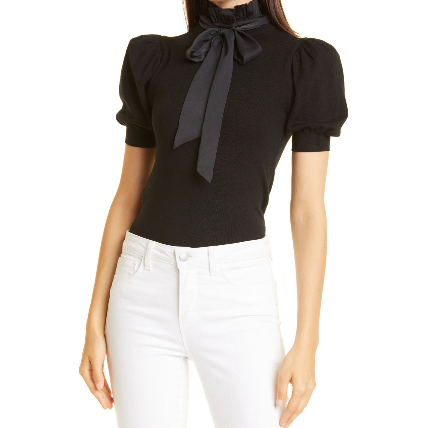 Alice + Olivia Chase Puff-Sleeve Ruffle-Neck Sweater