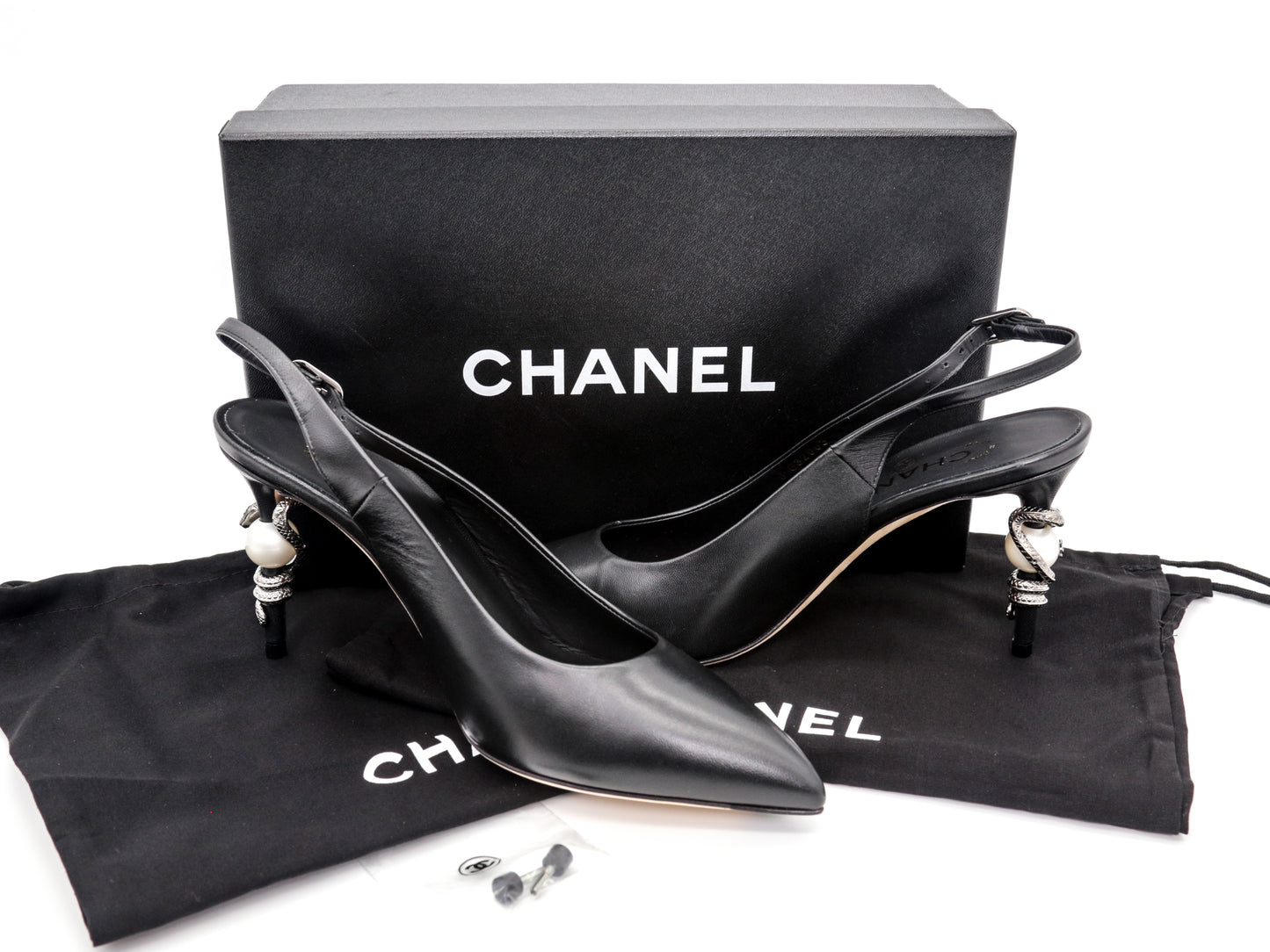 CHANEL Slingback Sandals With Pearl/Snake Heel