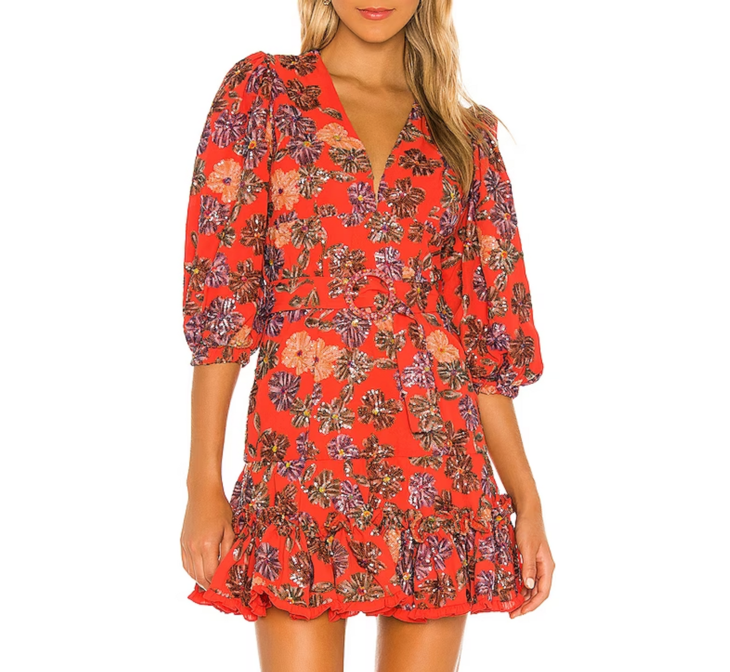 Alexis Charlize Floral Print Dress In Embellished Coral