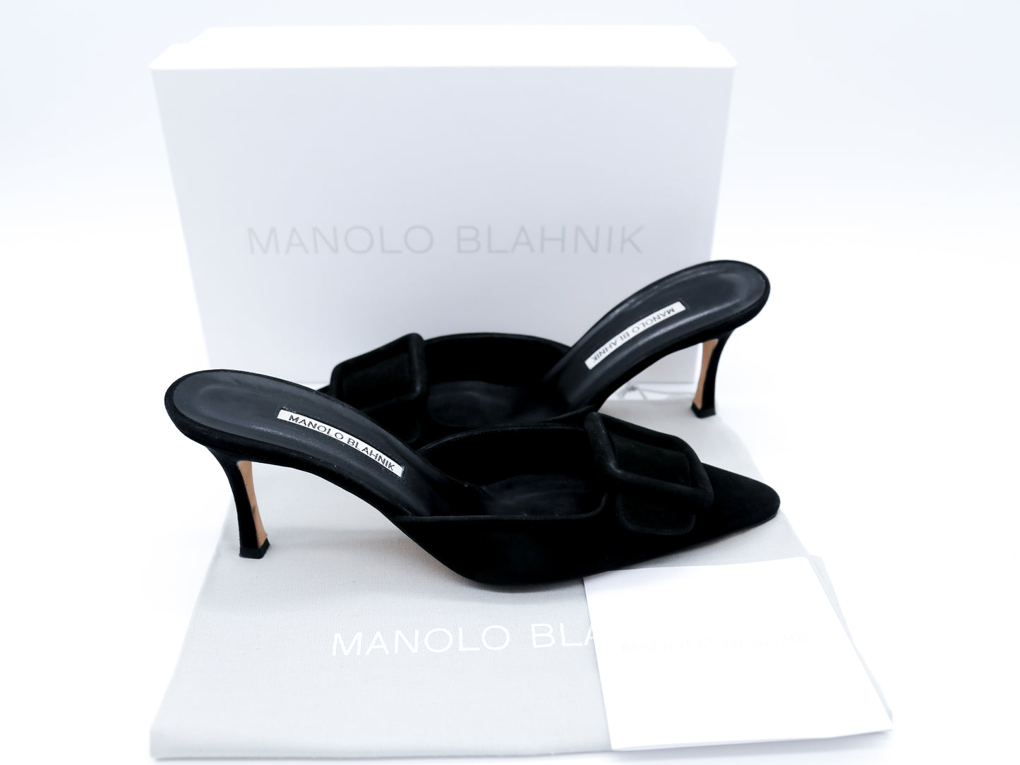 Manolo Blahnik Maysale Calf Suede Buckle Mules