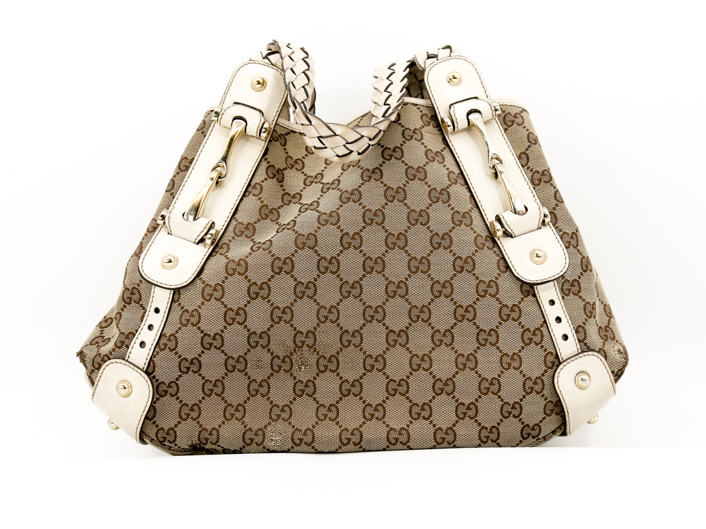 GUCCI Pelham Tan/Cream Leather GG Canvas Signature Medium Hobo Bag