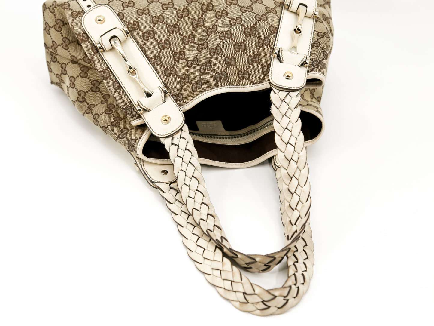 GUCCI Pelham Tan/Cream Leather GG Canvas Signature Medium Hobo Bag