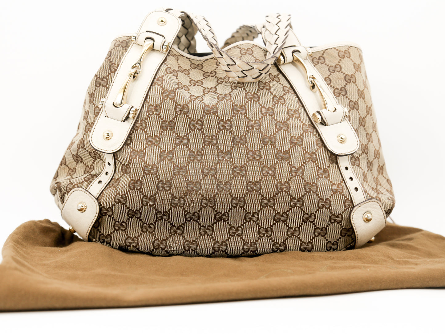 GUCCI Pelham Tan/Cream Leather GG Canvas Signature Medium Hobo Bag