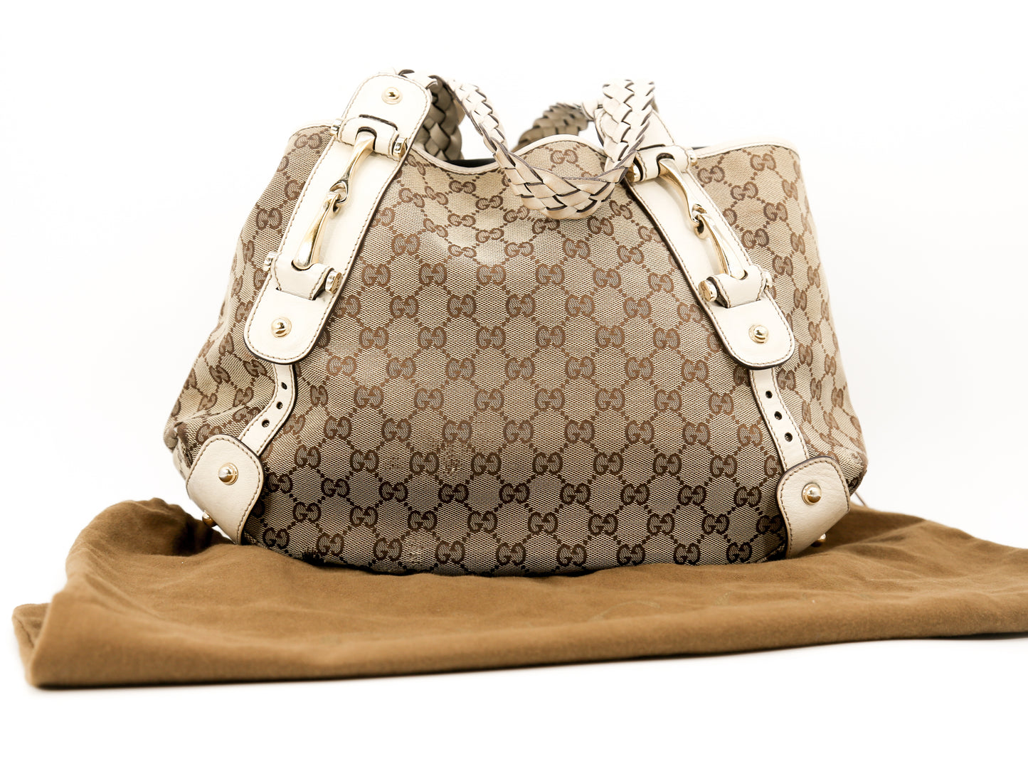 GUCCI Pelham Tan/Cream Leather GG Canvas Signature Medium Hobo Bag