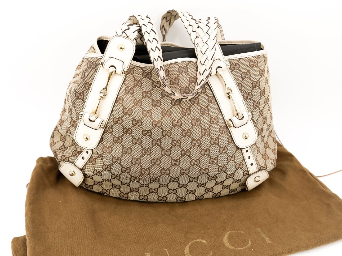 GUCCI Pelham Tan/Cream Leather GG Canvas Signature Medium Hobo Bag