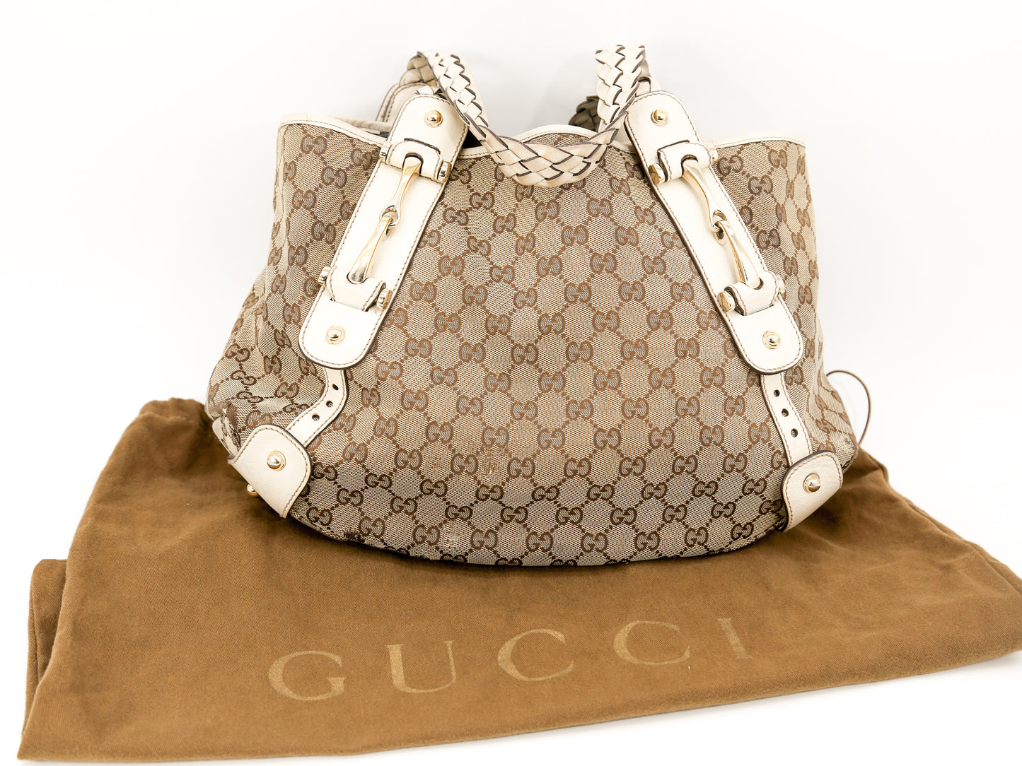 GUCCI Pelham Tan/Cream Leather GG Canvas Signature Medium Hobo Bag