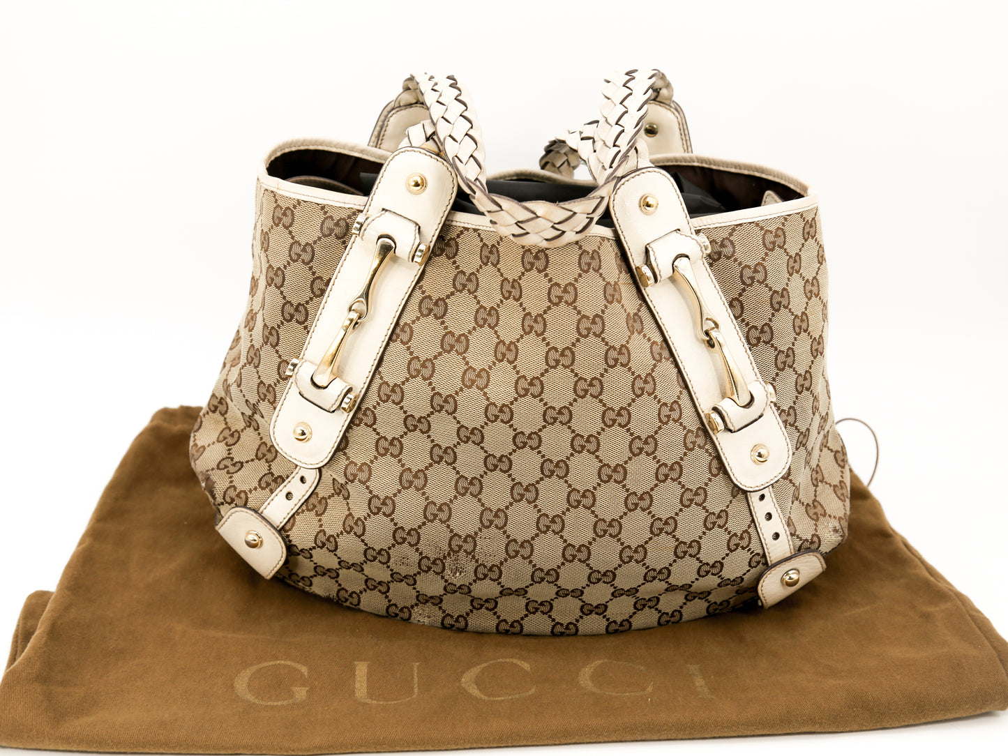 GUCCI Pelham Tan/Cream Leather GG Canvas Signature Medium Hobo Bag