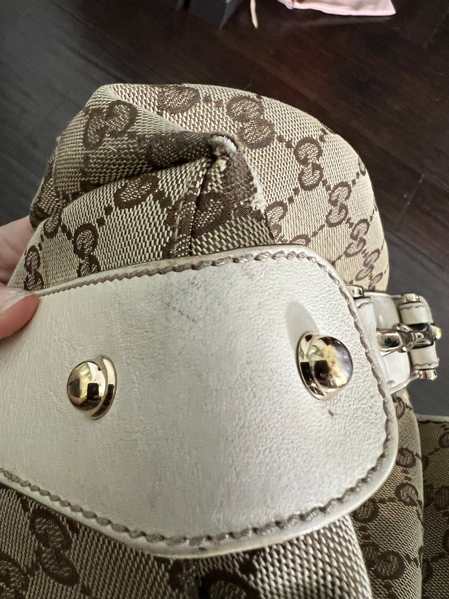 GUCCI Pelham Tan/Cream Leather GG Canvas Signature Medium Hobo Bag