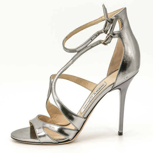 Jimmy Choo 151 Furrow Mirror Leather Silver Sandals Sz 37