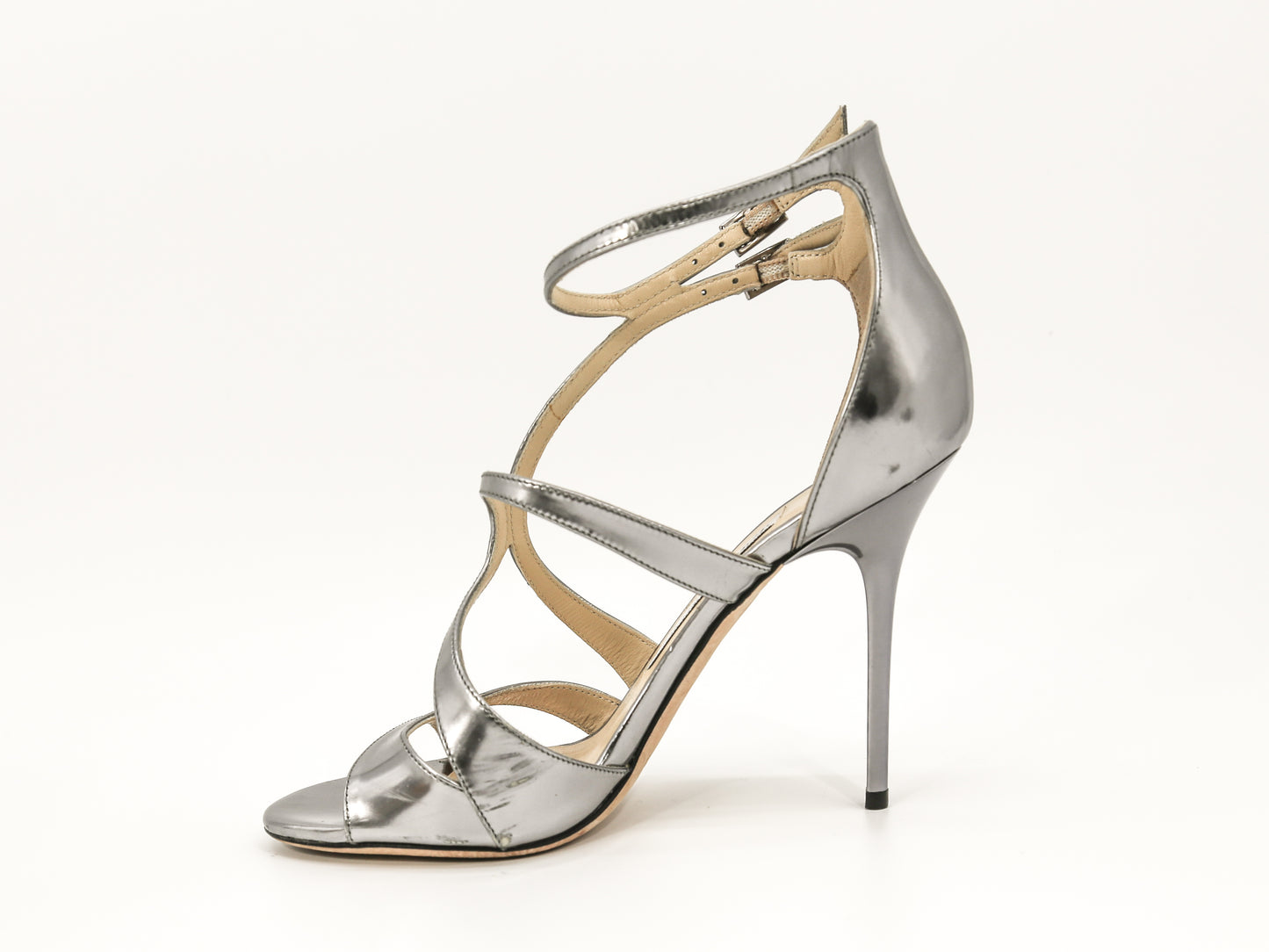 Jimmy Choo 151 Furrow Mirror Leather Silver Sandals Sz 37